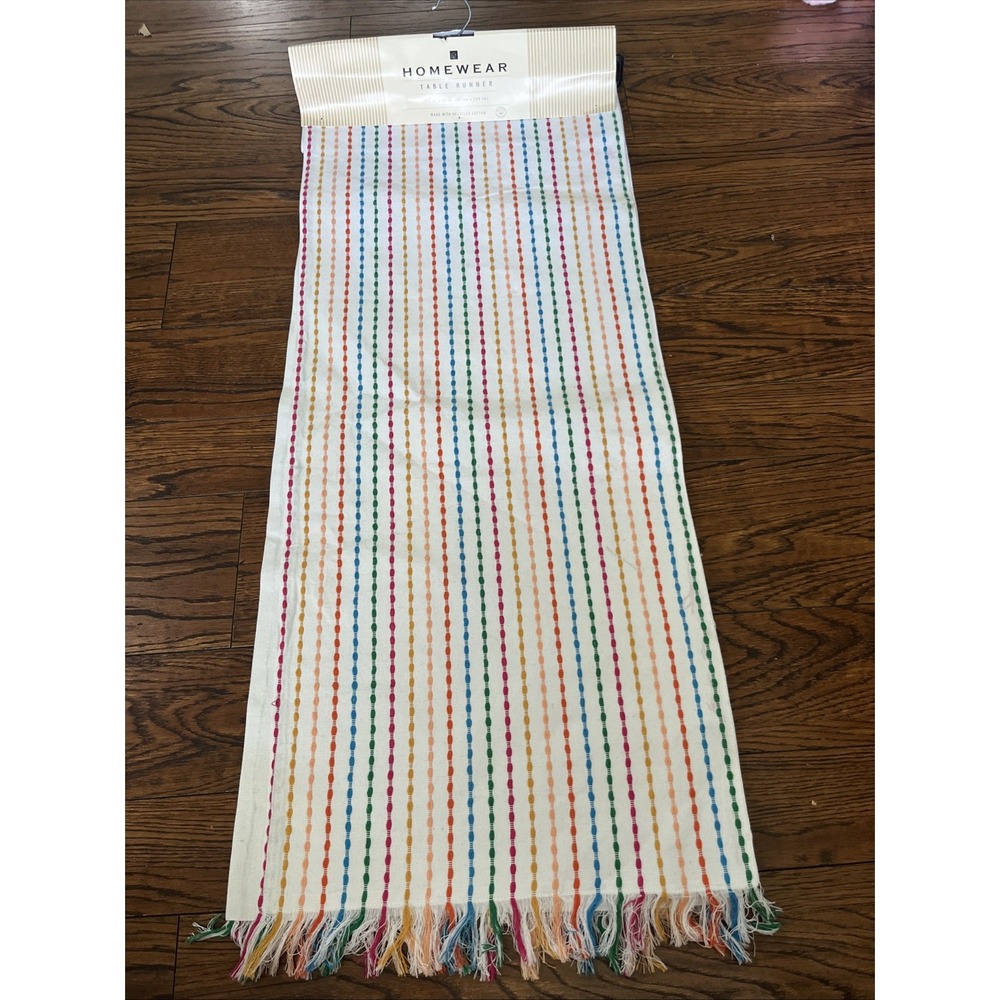 Homewear Table Runner 16 X 90 White Rainbow Stripes Pride Colorful Fringe